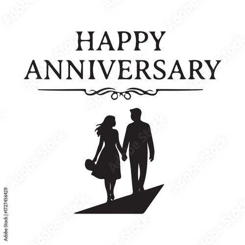 Fototapeta Romantic couple walking silhouette under anniversary text