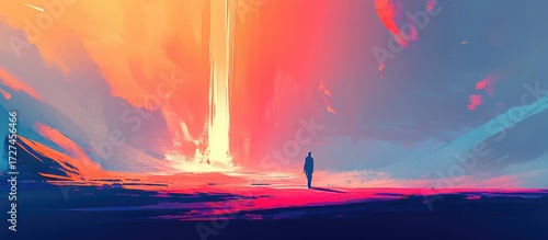 Solitary Wanderer Before a Cascading Pillar of Fiery Light in a Surreal, Abstract World.