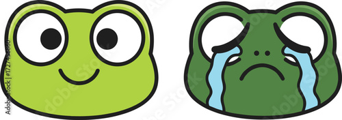 Cute cartoon frog faces vector illustration showing happy smiling expression and sad crying expression, emotional character design for stock content