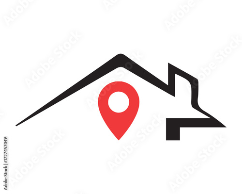 House roof with red map pin location marker real estate vector icon