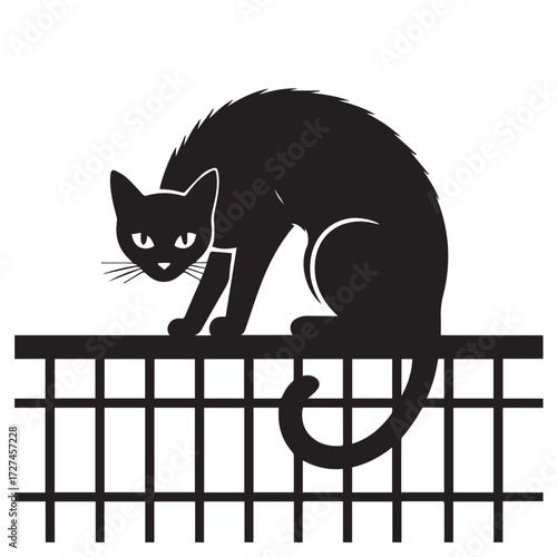Black cat with arched back sitting on a fence, looking forward, isolated on white background technology background
