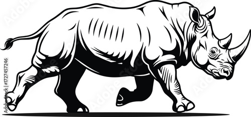 Charging rhinoceros vector illustration in black and white style with bold lines for wildlife, tattoo, graphic design, and animal strength themes