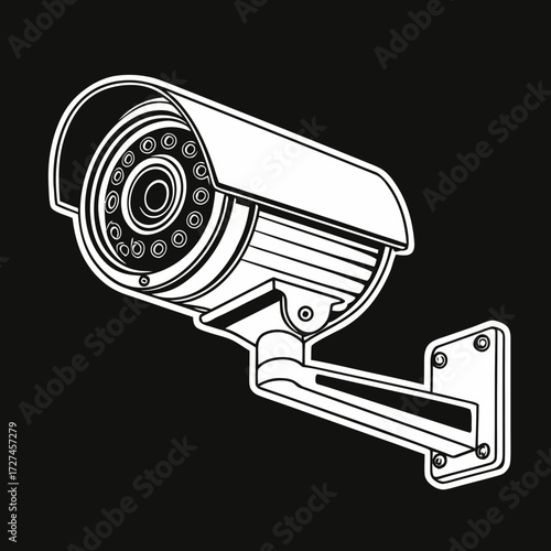 A modern security camera with a detailed lens, mounted on a bracket, ready for surveillance and monitoring