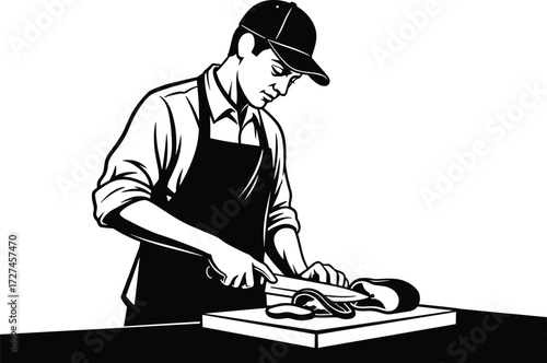 Chef silhouette vector slicing food on cutting board, black and white illustration, kitchen preparation, culinary skill, cooking concept artwork