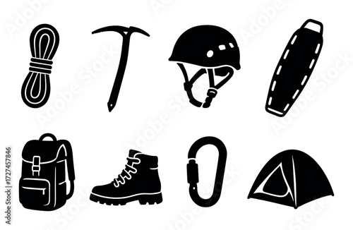 Silhouette icons of essential outdoor climbing and camping gear