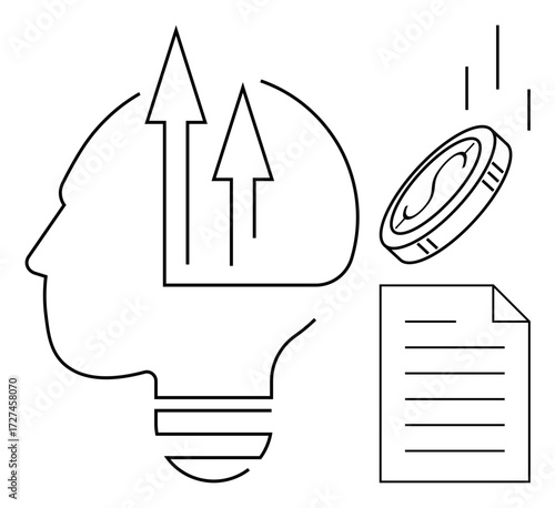 Human head-shaped lightbulb with upward arrows, falling coin, and document symbolizing innovation, growth, financial success, decision-making, intellect, investment and creativity. Ideal