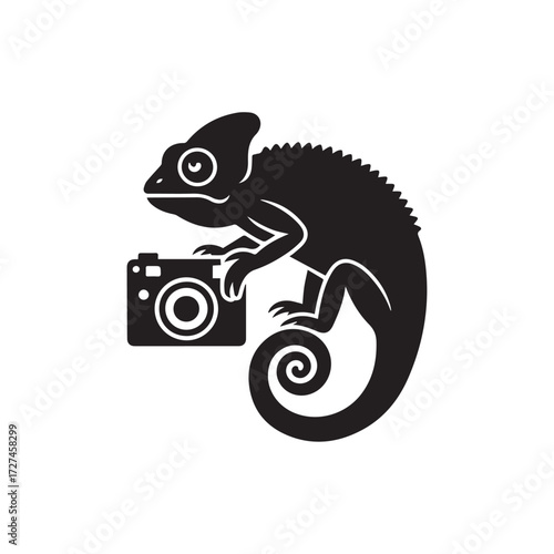 Chameleon silhouette holding a vintage camera, isolated on white background technology background