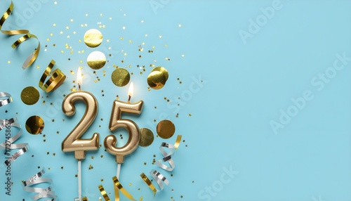 Gold candle number 25 surrounded by confetti and streamers on a light blue background, celebrating a birthday.