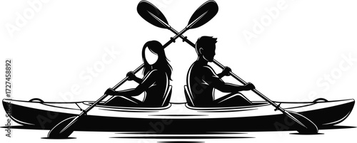Kayaking silhouette vector of two people in tandem boat, crossed paddles, black and white illustration, teamwork water sport concept