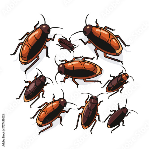 A group of stylized brown and black cockroach illustrations with bold outlines.