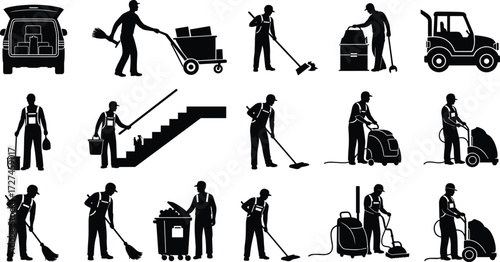 Janitorial and cleaning activity silhouette vector set, black and white illustration, maintenance workers, tools, equipment, occupational service concept