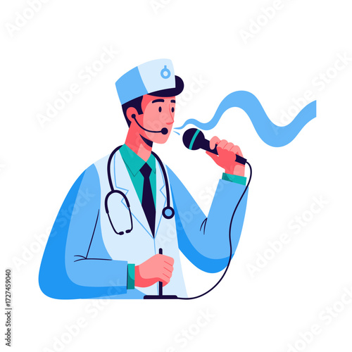A male doctor in a white coat and stethoscope speaking into a microphone during a presentation.