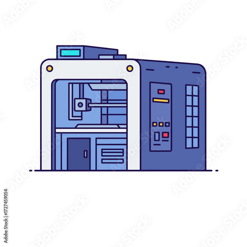 A modern blue industrial 3D printer machine depicted in a clean flat vector illustration style with bold outlines.