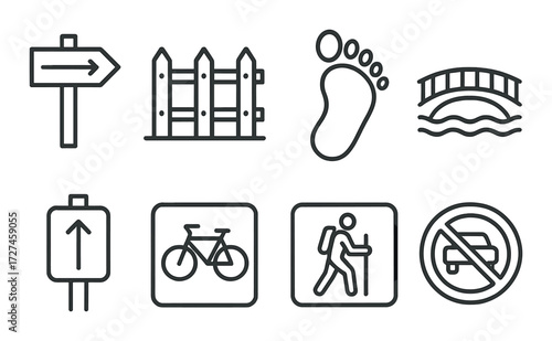 Monochrome metal pedestrian and bicycle signage with symbols and icons