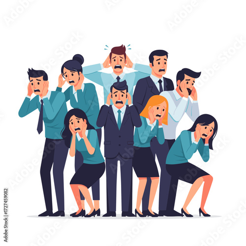 A panicked group of business people in formal attire reacting with expressions of extreme fear shock and disbelief.
