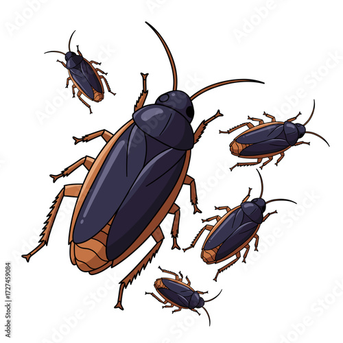 A group of stylized cockroaches with dark blue and brown bodies.