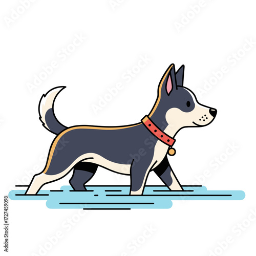 A stylized huskylike dog with a red collar and curled tail walking through a blue puddle.