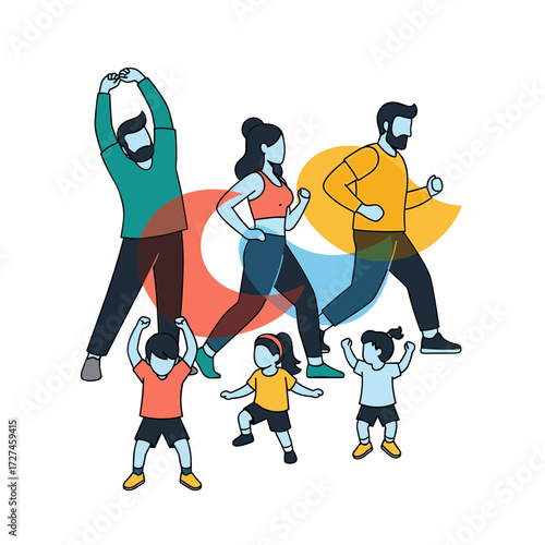 Active Family Exercising Together Adults Jogging Kids Stretching Colorful Athleticwear Illustration.