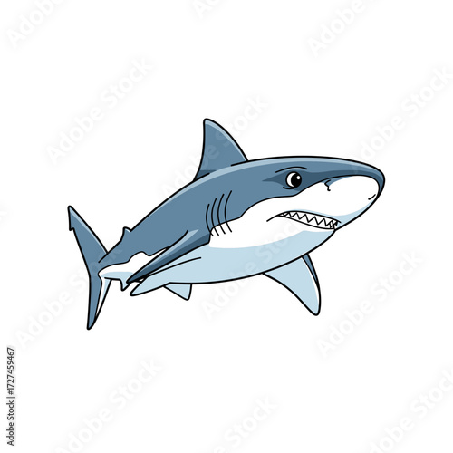Aggressive cartoon great white shark illustration with sharp teeth bluegrey body and visible gills in swimming pose.