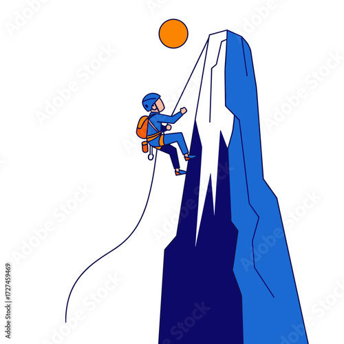 Adventurous Climber Ascends Blue Mountain Peak Under Orange Sun.