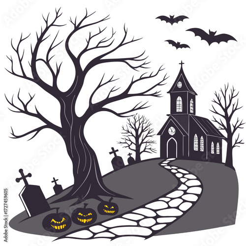 Spooky Haunted Church Halloween Vector Illustration