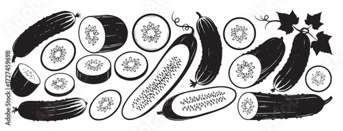 Hand drawn black and white illustration of whole and sliced cucumbers in various arrangements isolated on transparent background