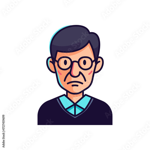 Cartoon avatar of a frowning elderly man with round glasses and dark hair wearing a sweater over a collared shirt.