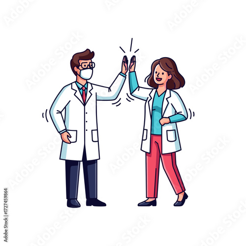 Cartoon Doctors HighFiving Celebrating Success Wearing Lab Coats and Face Mask.