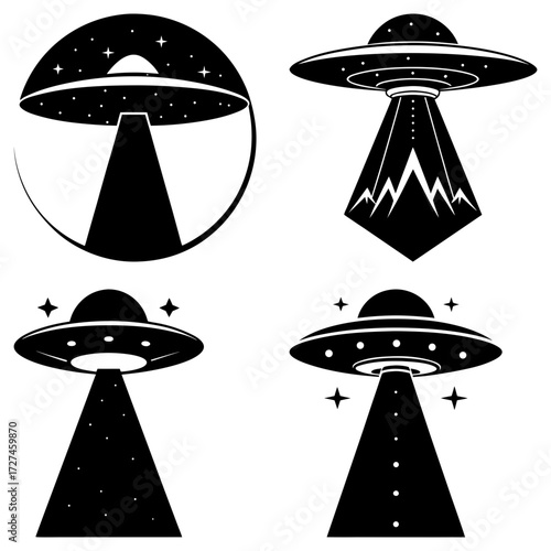 Four black and white ufo designs with varying light beams and backgrounds in a vector illustration
