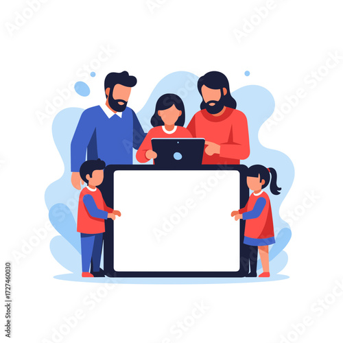 Cartoon Family with Tablet and Blank Board Flat Vector Illustration.