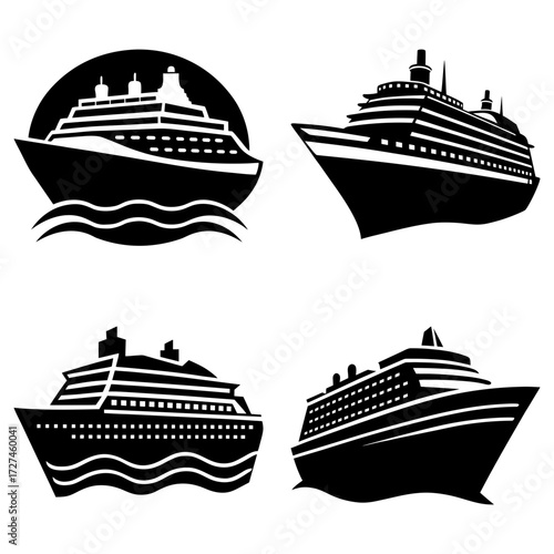 Collection of four black and white cruise ship illustrations in various styles and perspectives shown