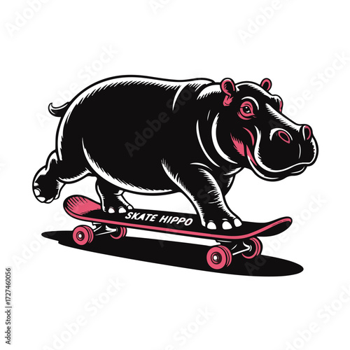 Dynamic illustration of a hippopotamus skateboarding with a cool attitude, isolated on white background technology background