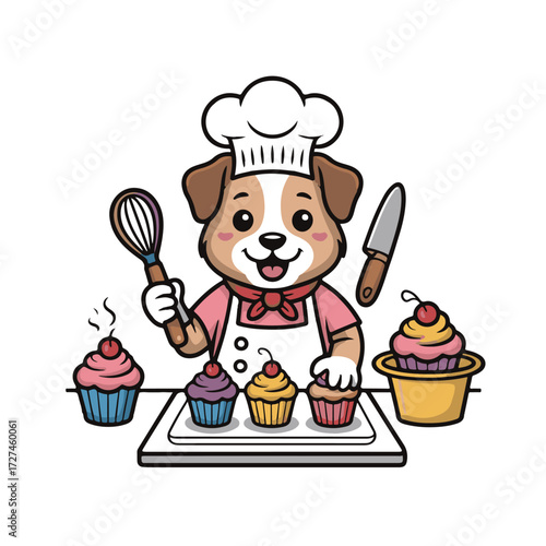 Cute cartoon dog wearing a chef hat and apron, holding a whisk and surrounded by cupcakes, isolated on white background technology background