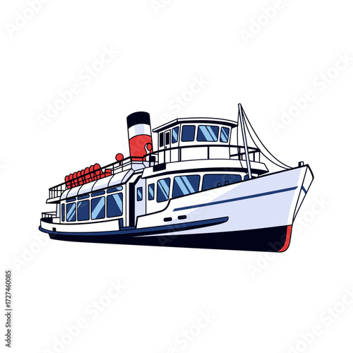 Cartoon Ferry Boat with Red Life Preservers and Black and Red Smokestack.