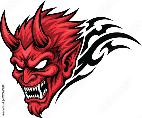 Aggressive red devil head with horns, sharp teeth, glowing eyes, tribal flame hair, gothic horror vector illustration for tattoo design