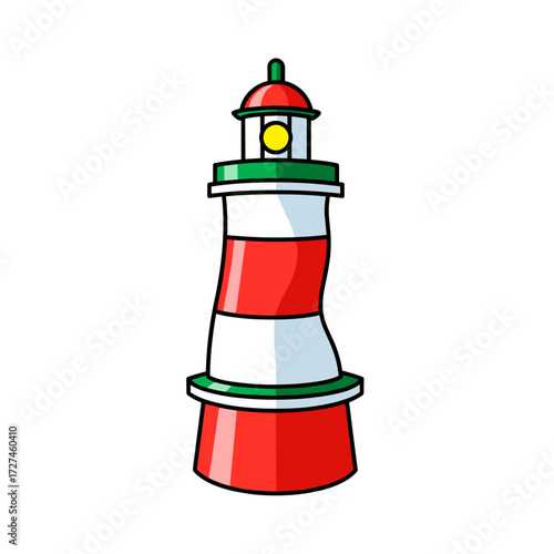 Cartoon Lighthouse with Red and White Stripes and Green Accents.