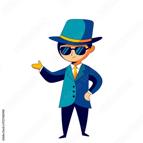 Cartoon Man in Suit Hat and Sunglasses Presenting with Open Hand.