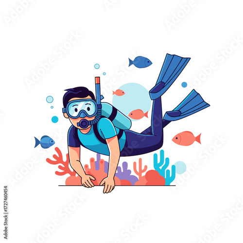 Cartoon man snorkeling wearing blue mask snorkel fins and wetsuit swimming horizontally over vibrant coral.