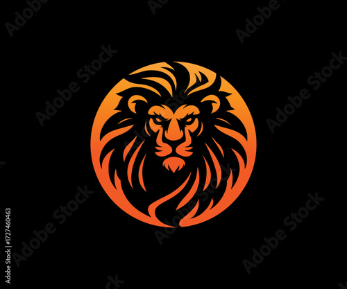 Lion head with orange mane in a circular frame