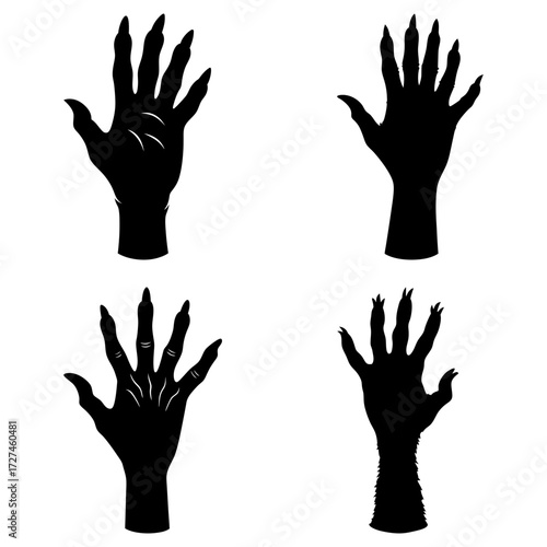 Silhouette illustration showcasing four monster hands with sharp claws in various poses on a white background