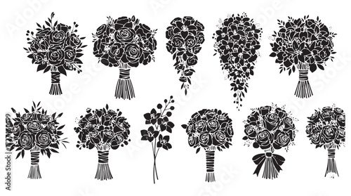 Collection of twelve diverse floral arrangements and bouquets in black and white silhouette isolated on transparent background