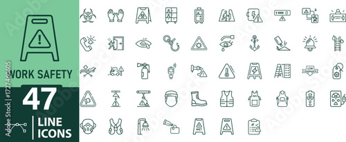 Collection Of Modern Editable Thin Line Style Work Safety Of Occupation Related Icons Set Contains Warning Signs, Protective Clothing, Shoes, Equipment And More On An Isolated Transparent Background