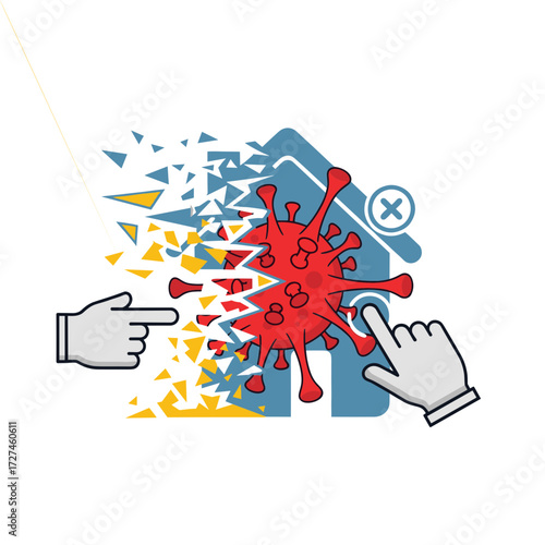 Cartoon Red Coronavirus Cell Attacking a Blue House with Two Hands.
