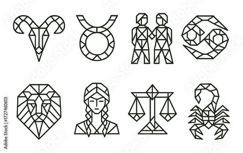 Zodiac signs: aries, taurus, gemini, cancer, leo, virgo, libra, scorpio geometric designs