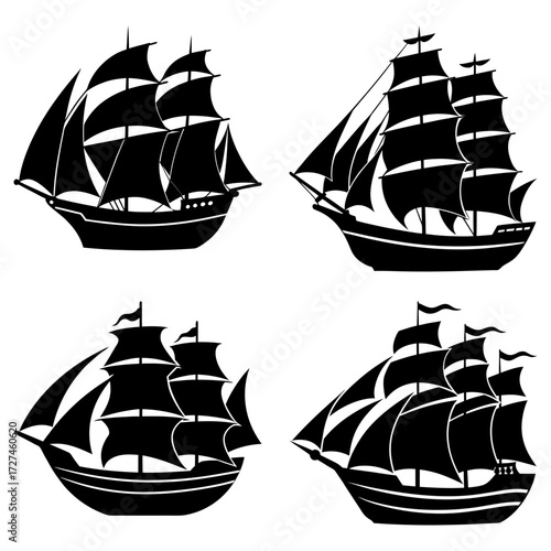 Silhouette illustration of four sailing ships with multiple masts and sails in a vector format