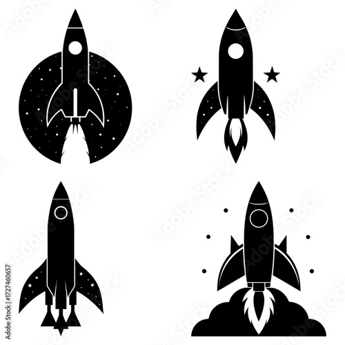 Four rocket ship illustrations in black and white showing different designs and launch formations here