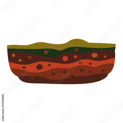 Cartoon soil layers illustration with distinct brown red and green strata showing earths composition.