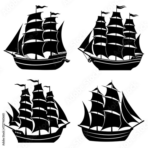 Silhouette illustration of four sailing ships with multiple masts and billowing sails on a white background