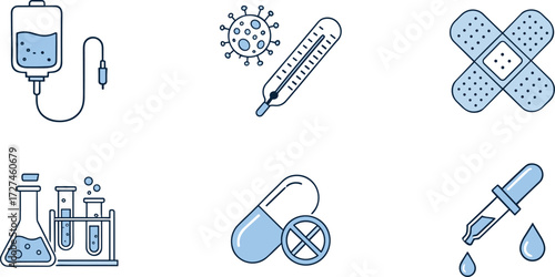 Medical healthcare icons set with IV bag, virus bacteria, bandages, laboratory glassware, pills, and dropper vector illustration for design