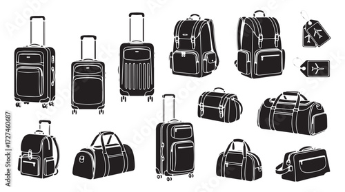 Collection of various travel luggage and bags including suitcases backpacks duffel bags and travel accessories isolated on transparent background